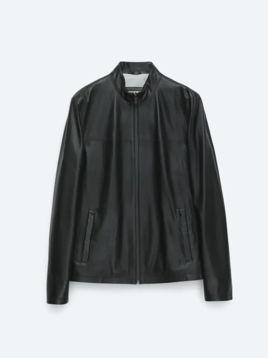 Siyah Dik Yaka Smart Casual Koyun Derisi Deri Mont - 7