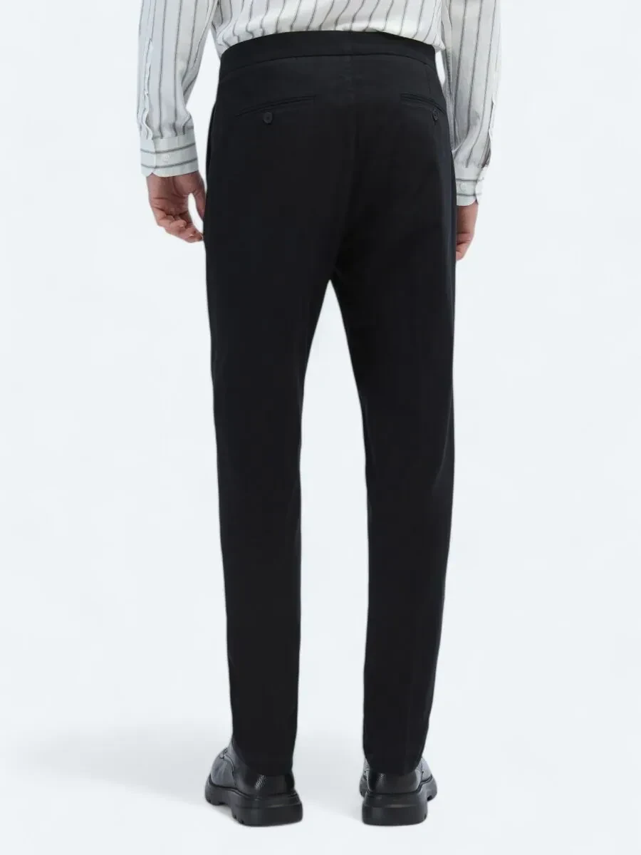 Siyah Dokuma Carrot Fit Casual Pamuk Karışımlı Pantolon - 4