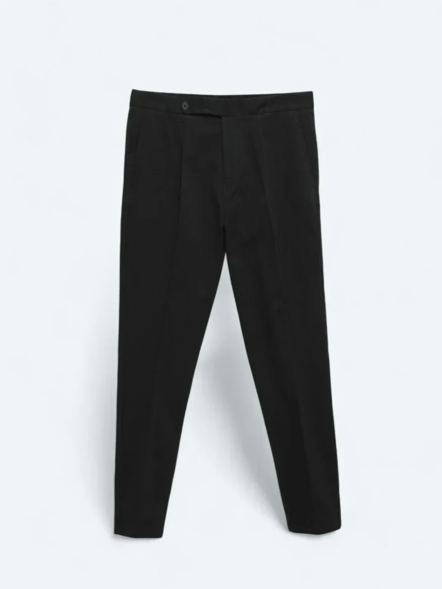 Siyah Dokuma Carrot Fit Casual Pamuk Karışımlı Pantolon - 5