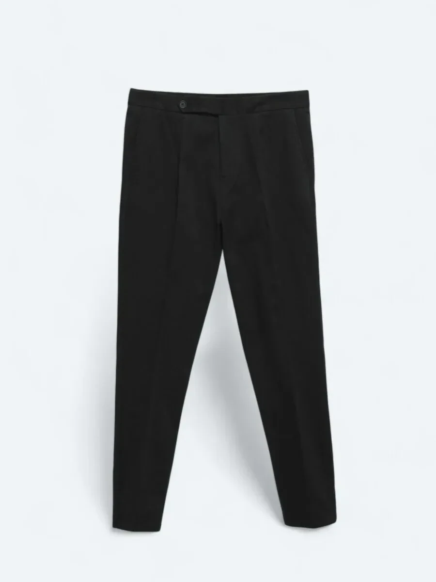 Siyah Dokuma Carrot Fit Casual Pamuk Karışımlı Pantolon - 5