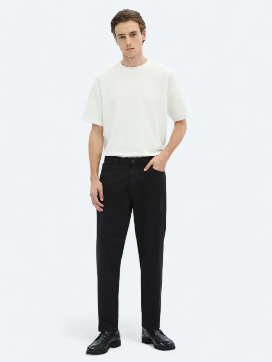 Siyah Dokuma Carrot Fit Casual Pamuk Karışımlı Pantolon - 1