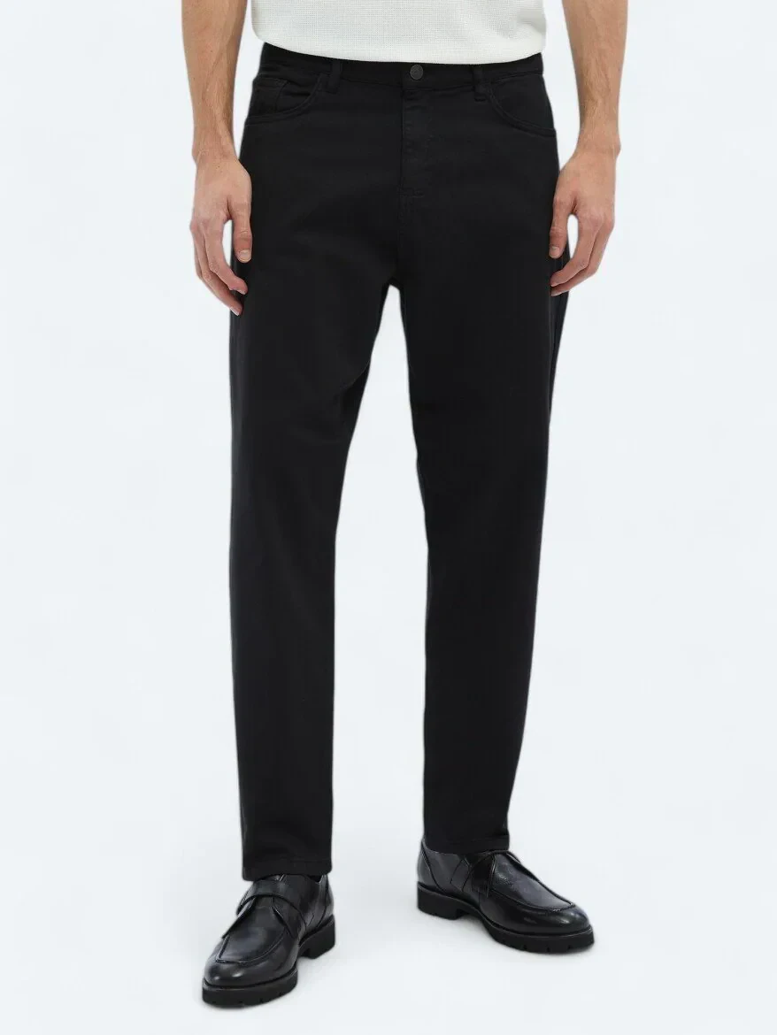 Siyah Dokuma Carrot Fit Casual Pamuk Karışımlı Pantolon - 2
