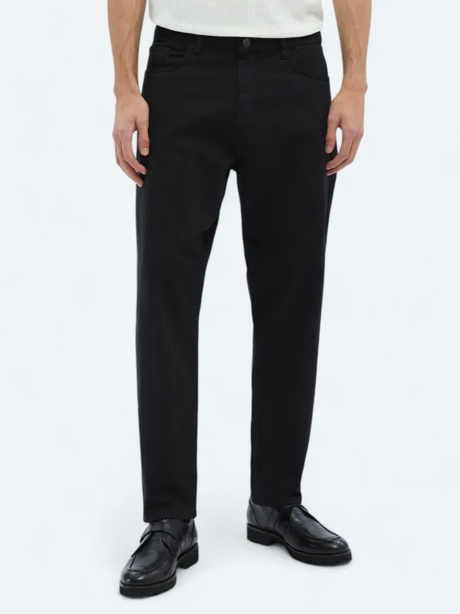 Siyah Dokuma Carrot Fit Casual Pamuk Karışımlı Pantolon - 2