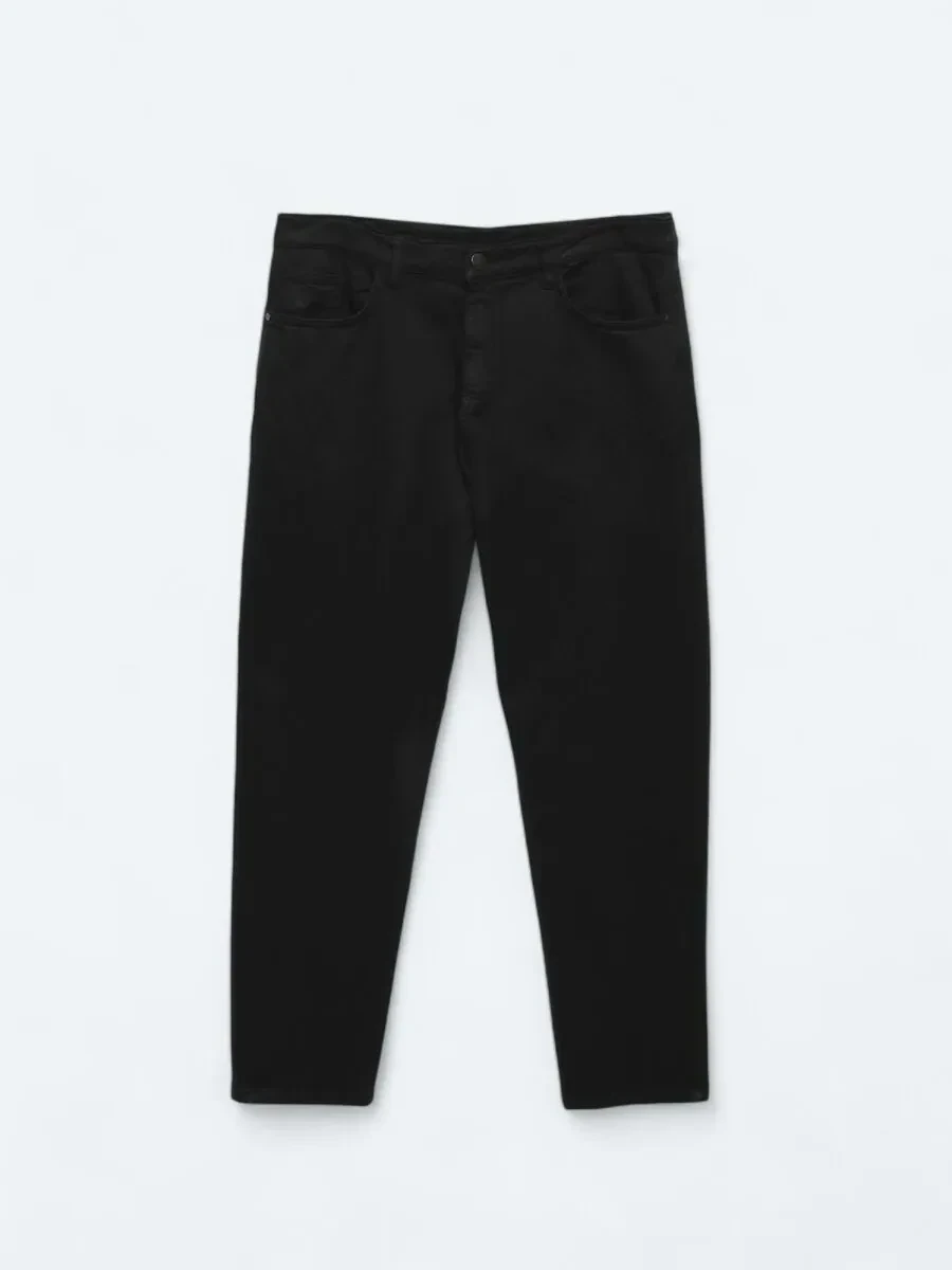 Siyah Dokuma Carrot Fit Casual Pamuk Karışımlı Pantolon - 5