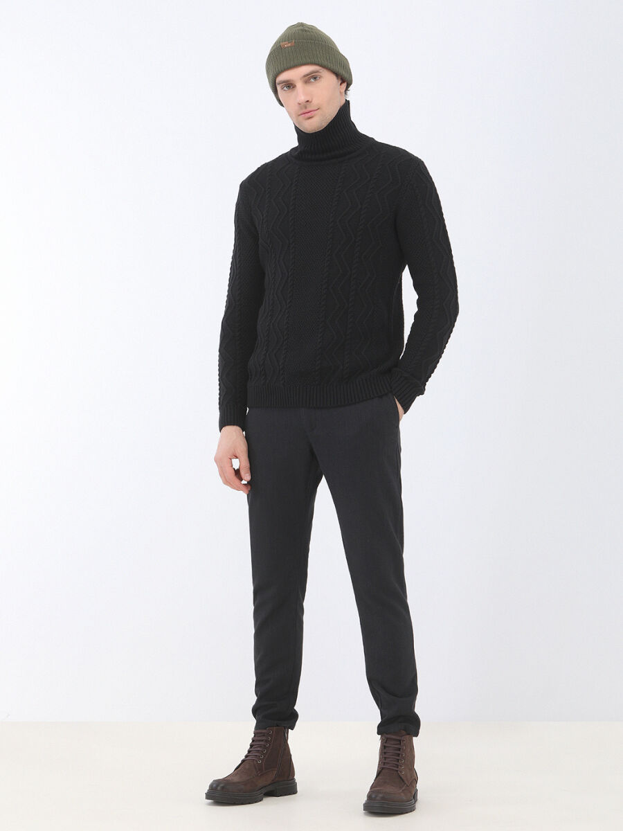 Siyah Dokuma Jogging Fit Casual Pamuk Karışımlı Pantolon - 4