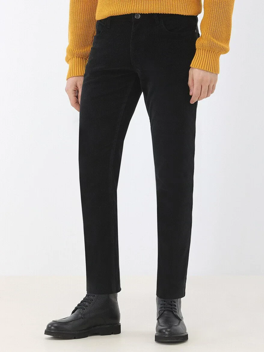 Siyah Dokuma Regular Fit Kadife Casual Pamuk Karışımlı Pantolon - 1