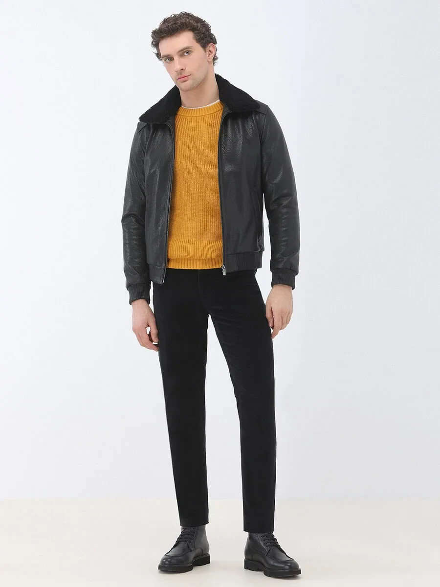 Siyah Dokuma Regular Fit Kadife Casual Pamuk Karışımlı Pantolon - 3