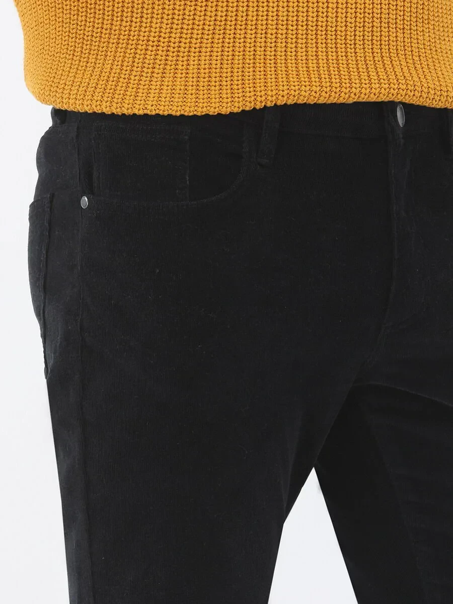 Siyah Dokuma Regular Fit Kadife Casual Pamuk Karışımlı Pantolon - 4
