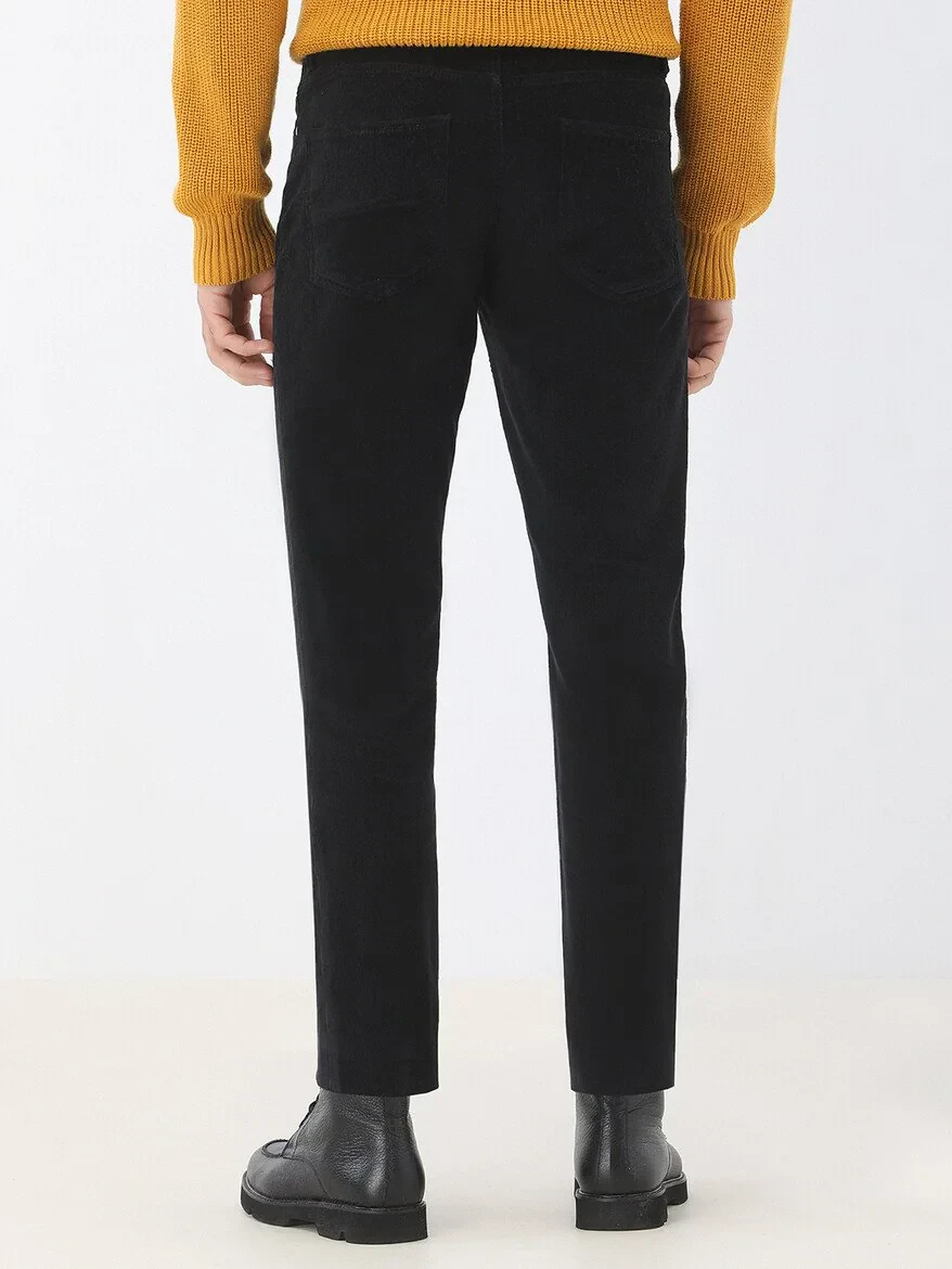 Siyah Dokuma Regular Fit Kadife Casual Pamuk Karışımlı Pantolon - 5