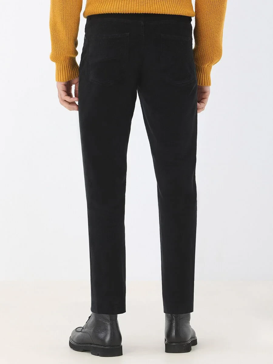 Siyah Dokuma Regular Fit Kadife Casual Pamuk Karışımlı Pantolon - 5