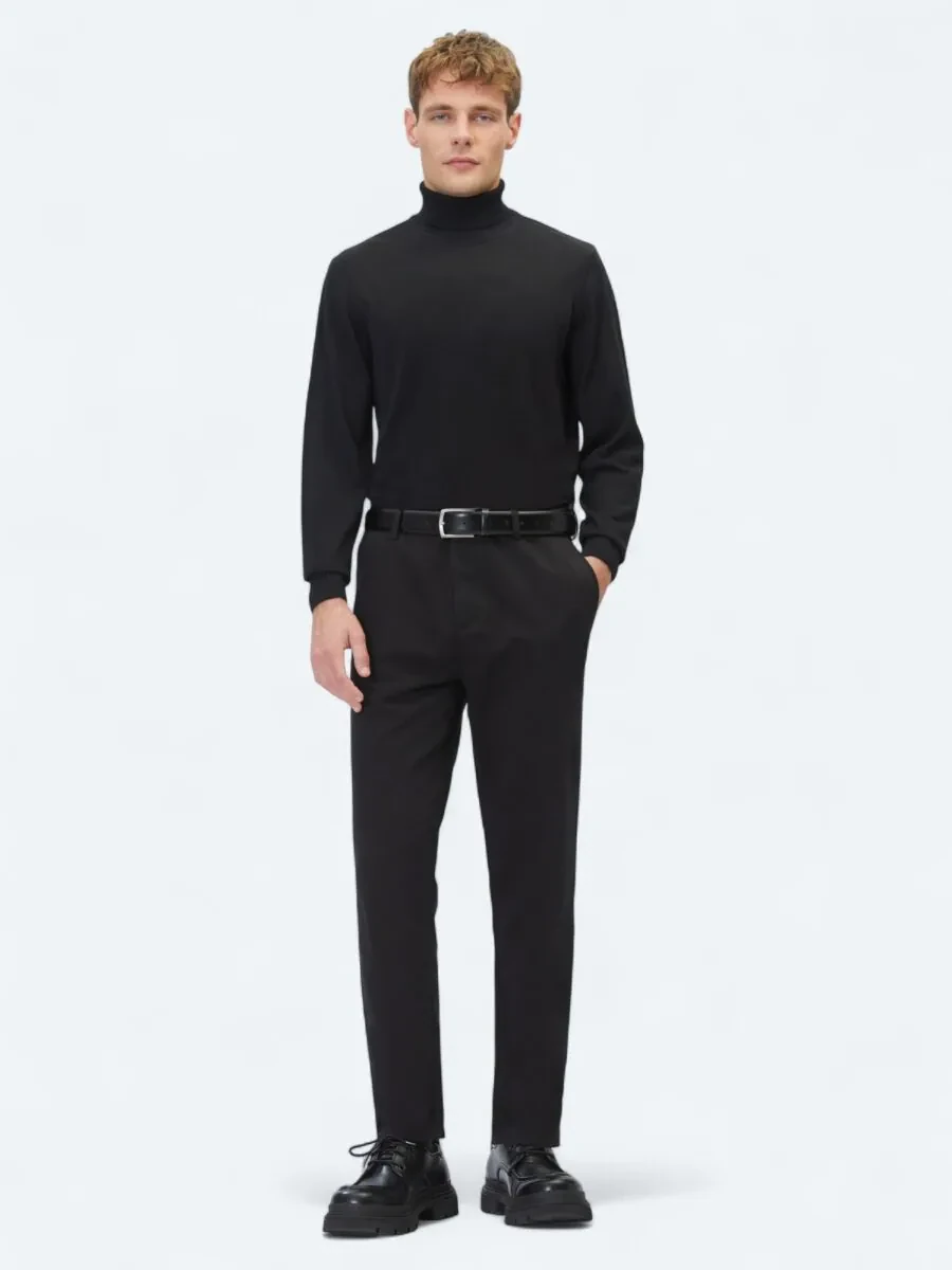 Siyah Dokuma Relaxed Fit Casual Pamuk Karışımlı Pantolon - 1