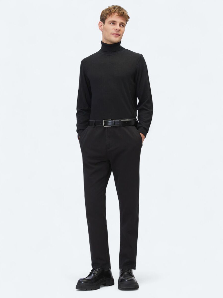 Siyah Dokuma Relaxed Fit Casual Pamuk Karışımlı Pantolon - 3