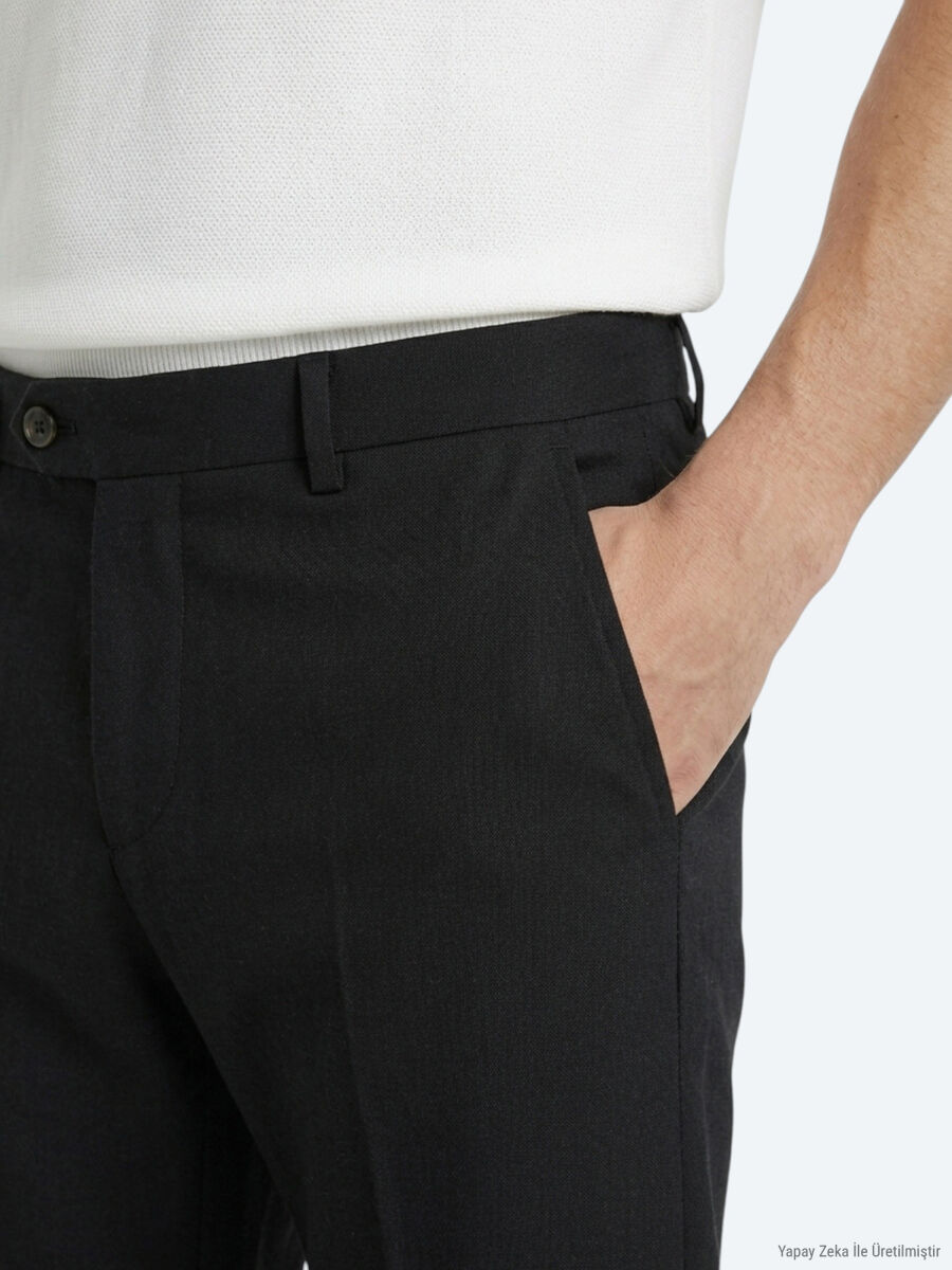 Siyah Dokuma Relaxed Fit Casual Pamuk Karışımlı Pantolon - 2