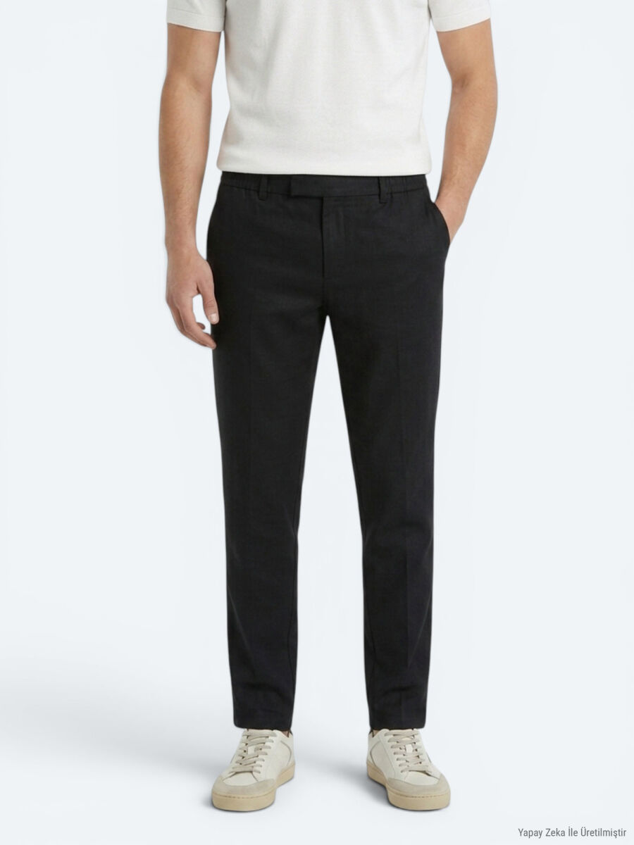 Siyah Dokuma Relaxed Fit Casual Pamuk Karışımlı Pantolon - 4