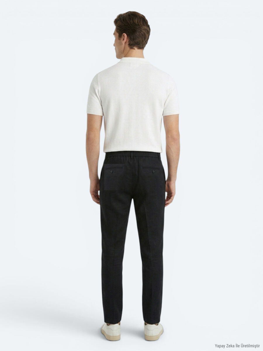 Siyah Dokuma Relaxed Fit Casual Pamuk Karışımlı Pantolon - 5