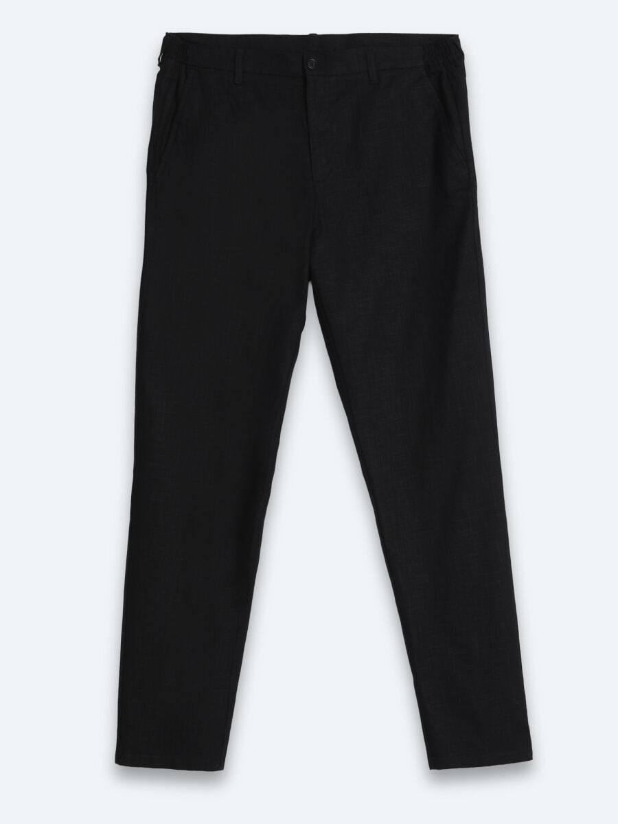 Siyah Dokuma Relaxed Fit Casual Pamuk Karışımlı Pantolon - 6