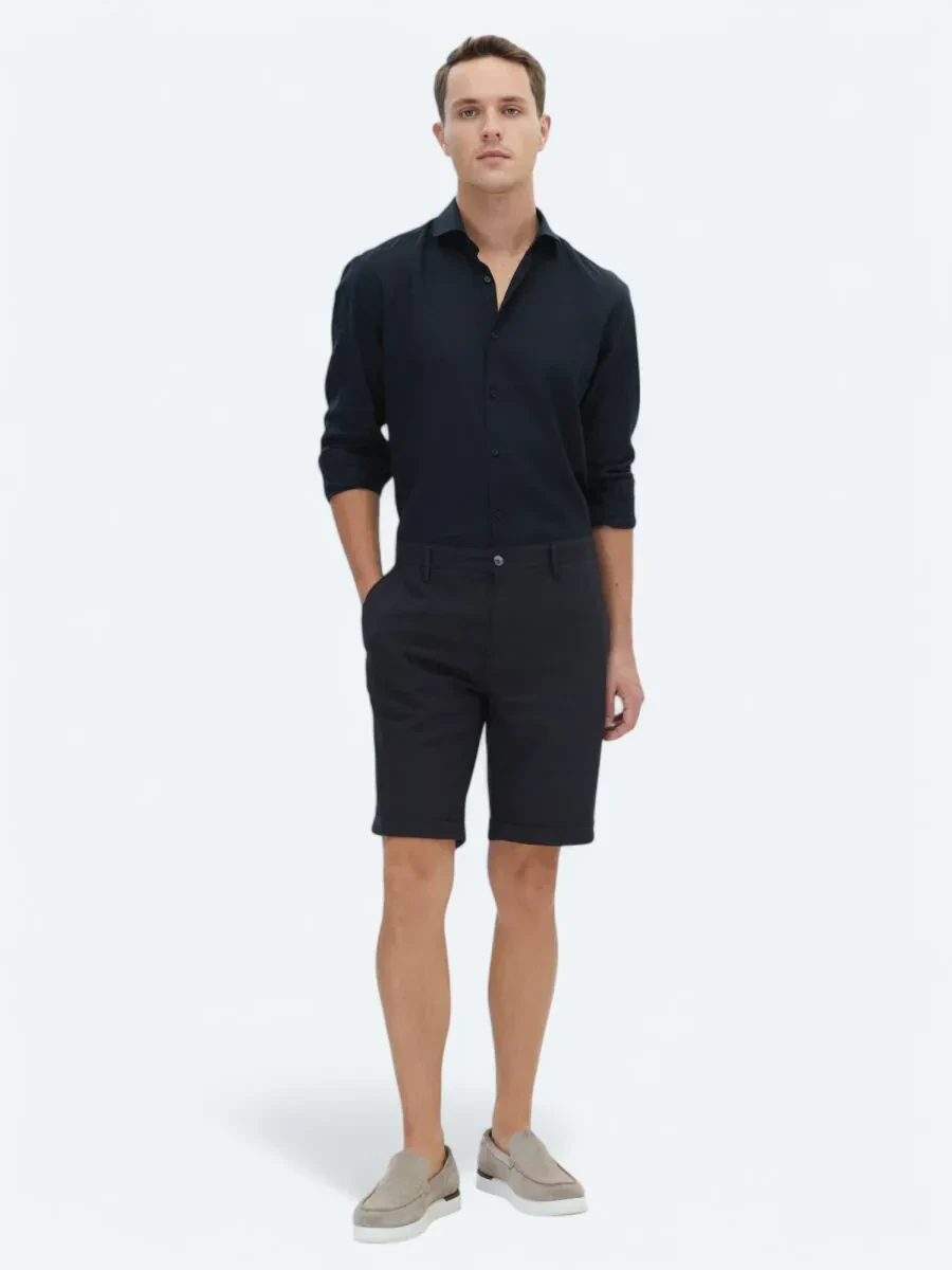 Siyah Dokuma Slim Fit Casual Bermuda - 1