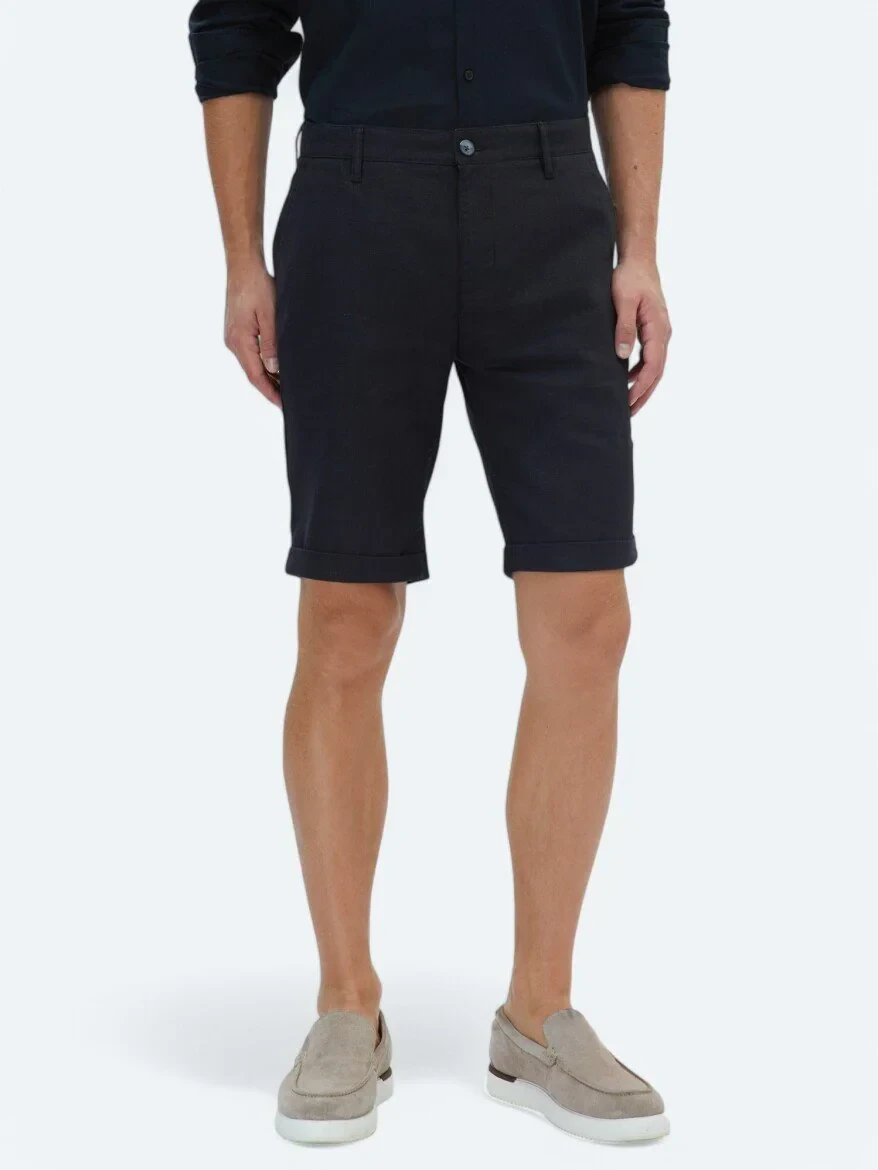 Siyah Dokuma Slim Fit Casual Bermuda - 2
