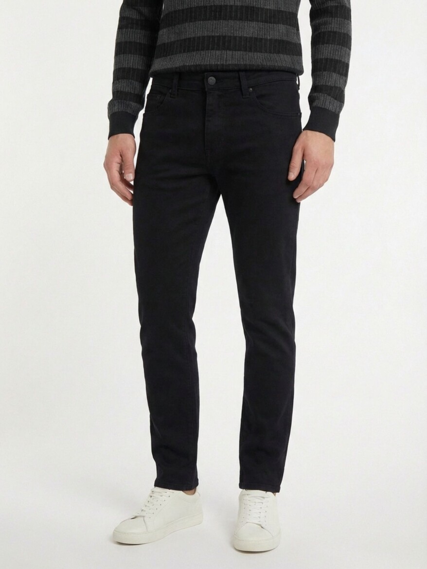 Siyah Dokuma Slim Fit Casual Pamuk Karışımlı Pantolon - KİP