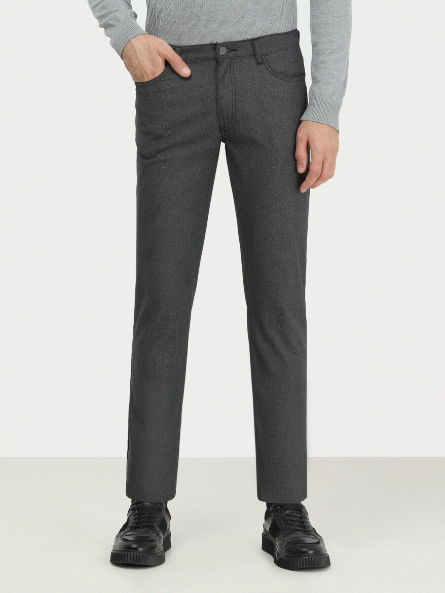 Siyah Dokuma Slim Fit Casual Pamuk Karışımlı Pantolon - 2