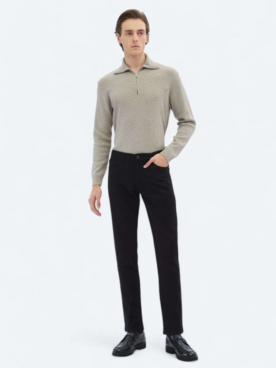 Siyah Dokuma Slim Fit Casual Pamuk Karışımlı Pantolon - 1