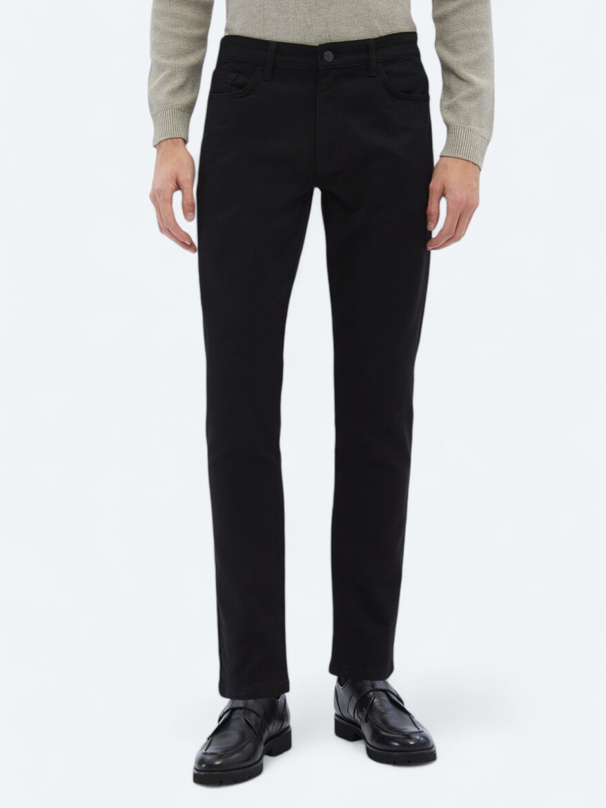 Siyah Dokuma Slim Fit Casual Pamuk Karışımlı Pantolon - 2