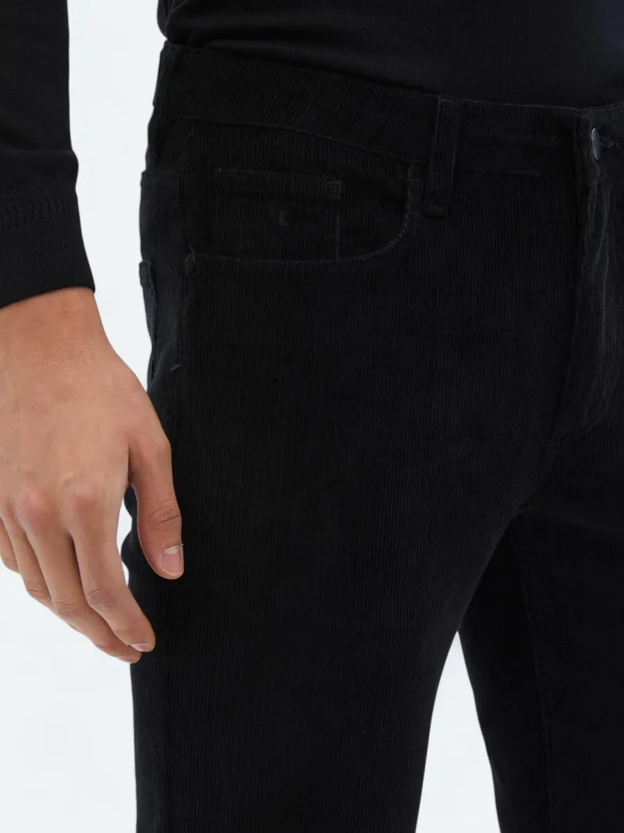 Siyah Dokuma Slim Fit Kadife Casual Pamuk Karışımlı Pantolon - 3
