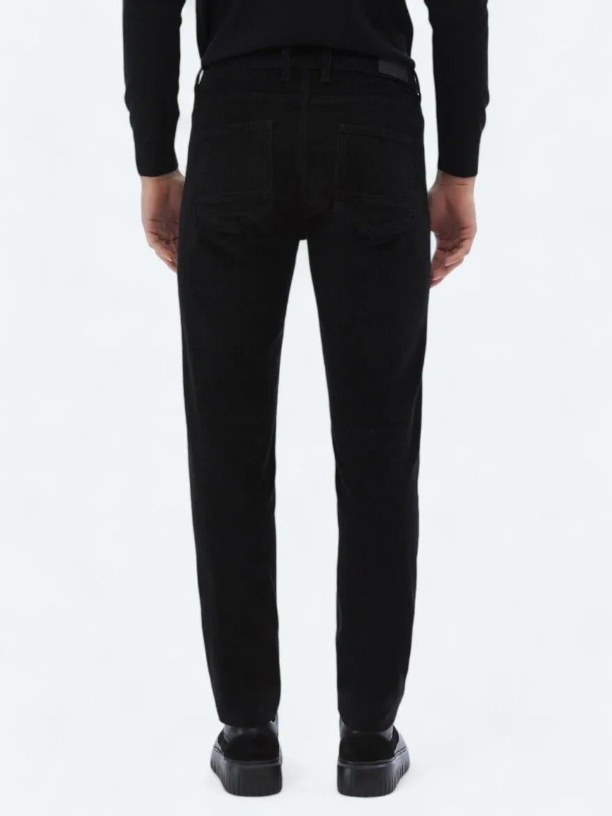 Siyah Dokuma Slim Fit Kadife Casual Pamuk Karışımlı Pantolon - 5