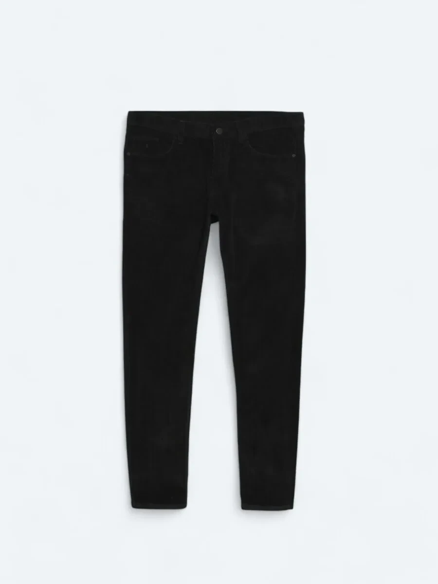 Siyah Dokuma Slim Fit Kadife Casual Pamuk Karışımlı Pantolon - 6