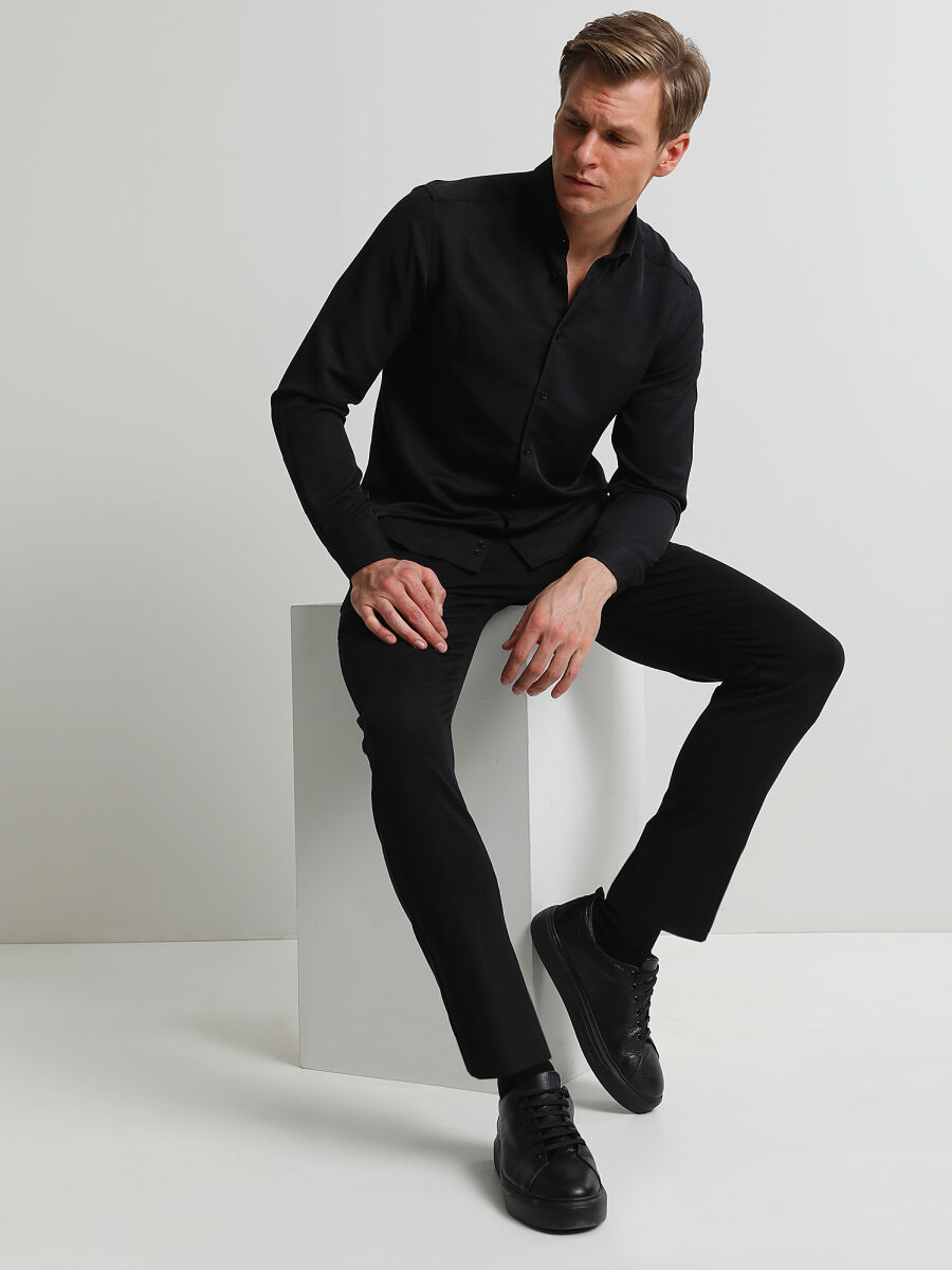 Siyah Dokuma Slim Fit Smart Casual Pamuk Karışımlı Pantolon - 3