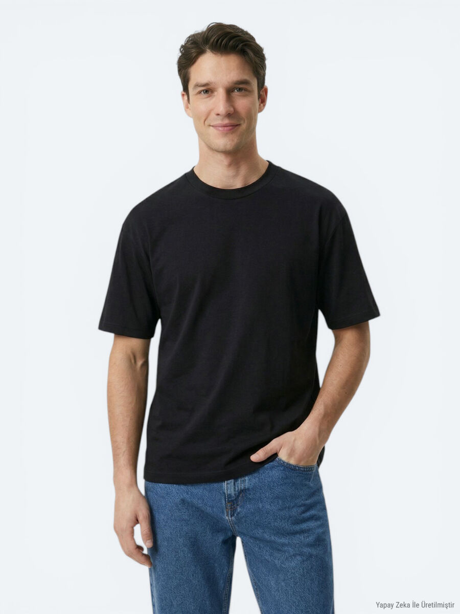 Siyah Düz %100 Pamuk T-Shirt - 1