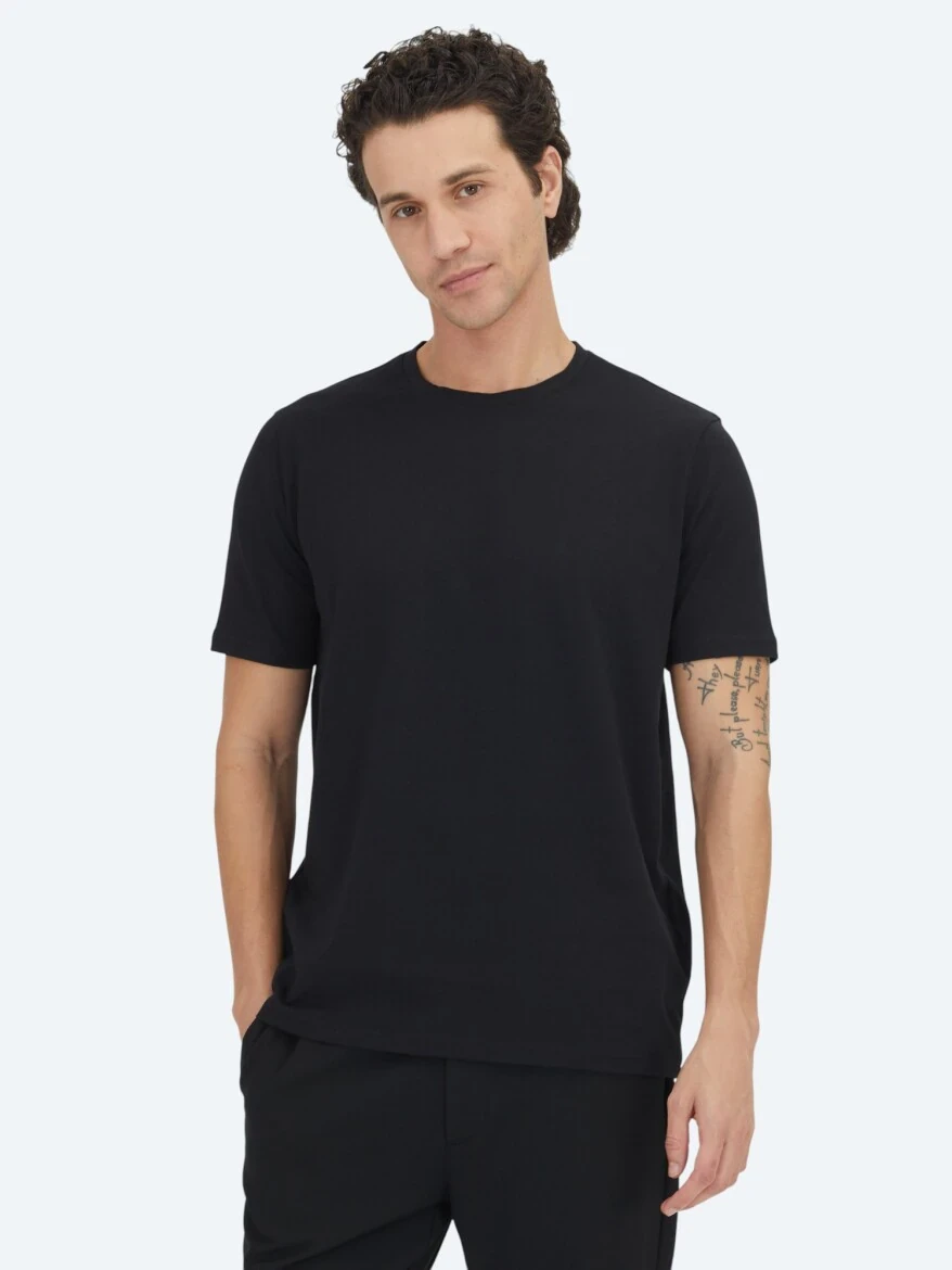 Siyah Düz Bisiklet Yaka %100 Pamuk T-Shirt - KİP