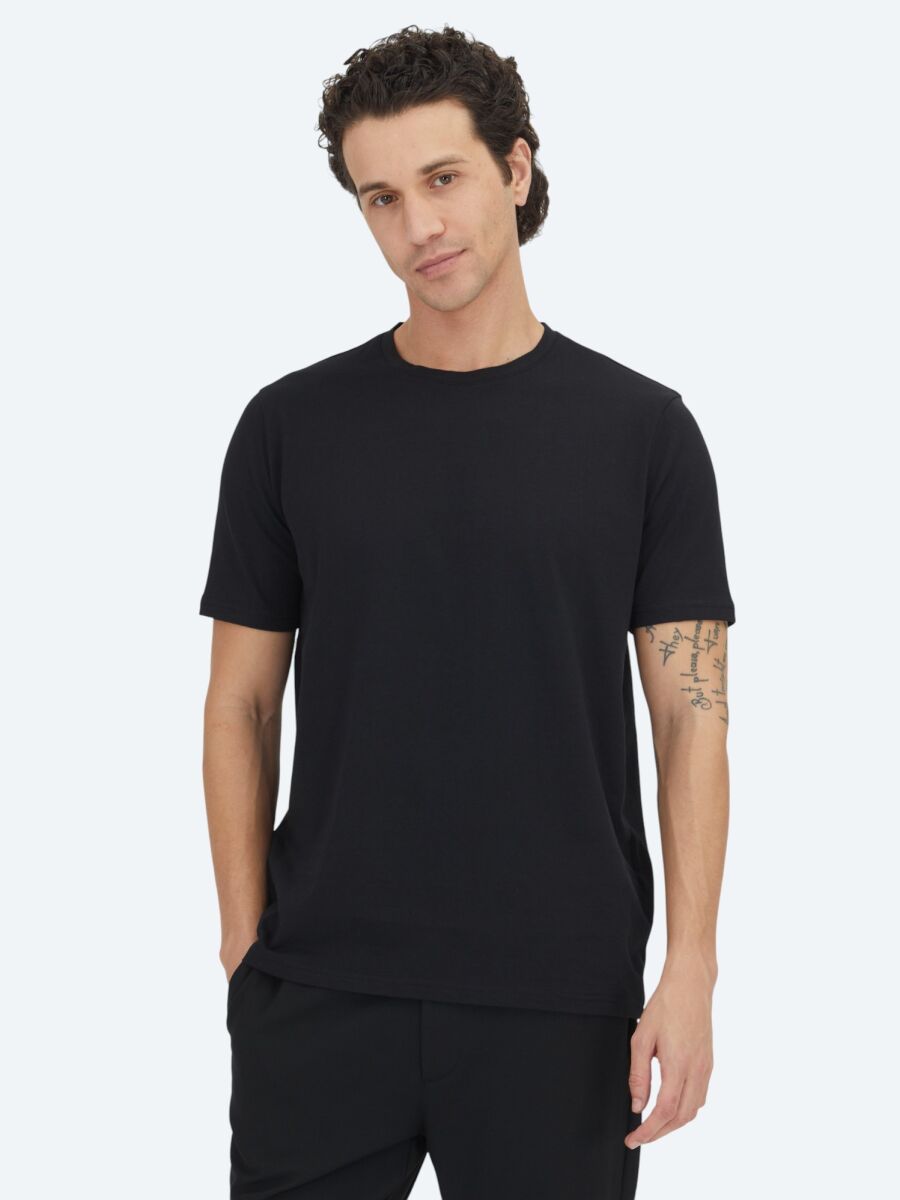 Siyah Düz Bisiklet Yaka %100 Pamuk T-Shirt - 1