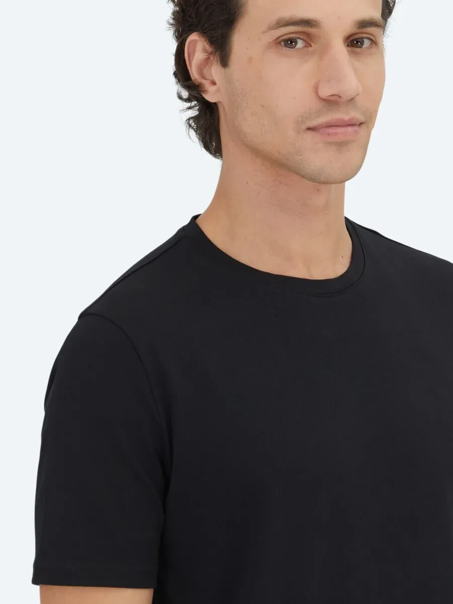 Siyah Düz Bisiklet Yaka %100 Pamuk T-Shirt - 3