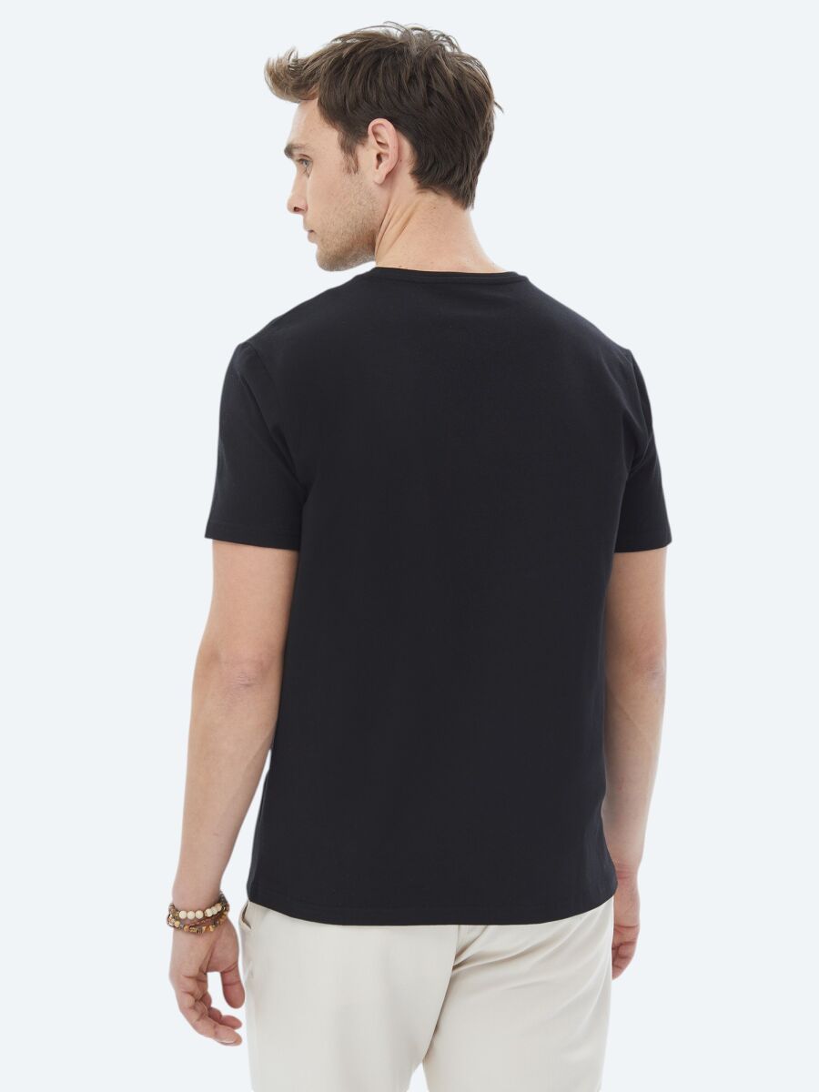 Siyah Düz Bisiklet Yaka Pamuk Karışımlı T-Shirt - 6
