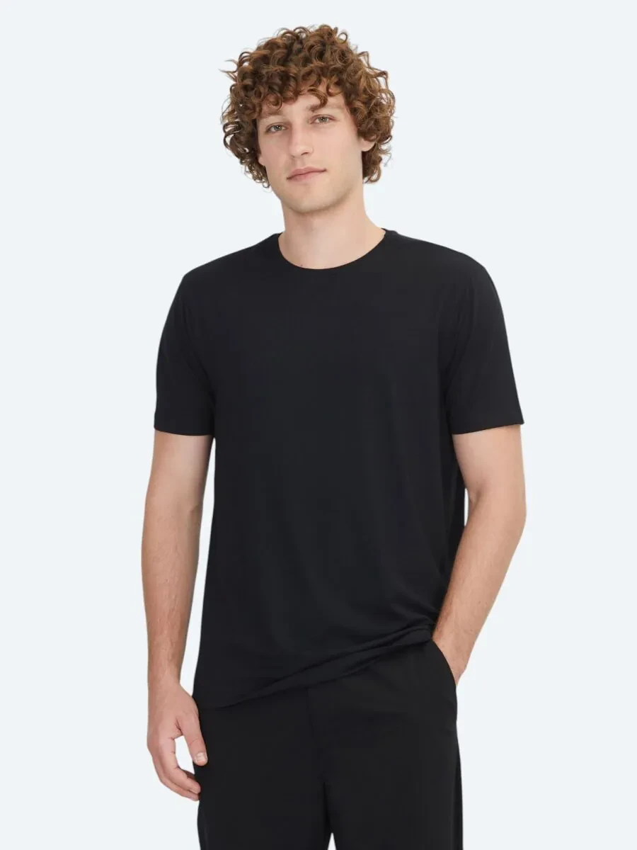 Siyah Düz Bisiklet Yaka Pamuk Karışımlı T-Shirt - 1