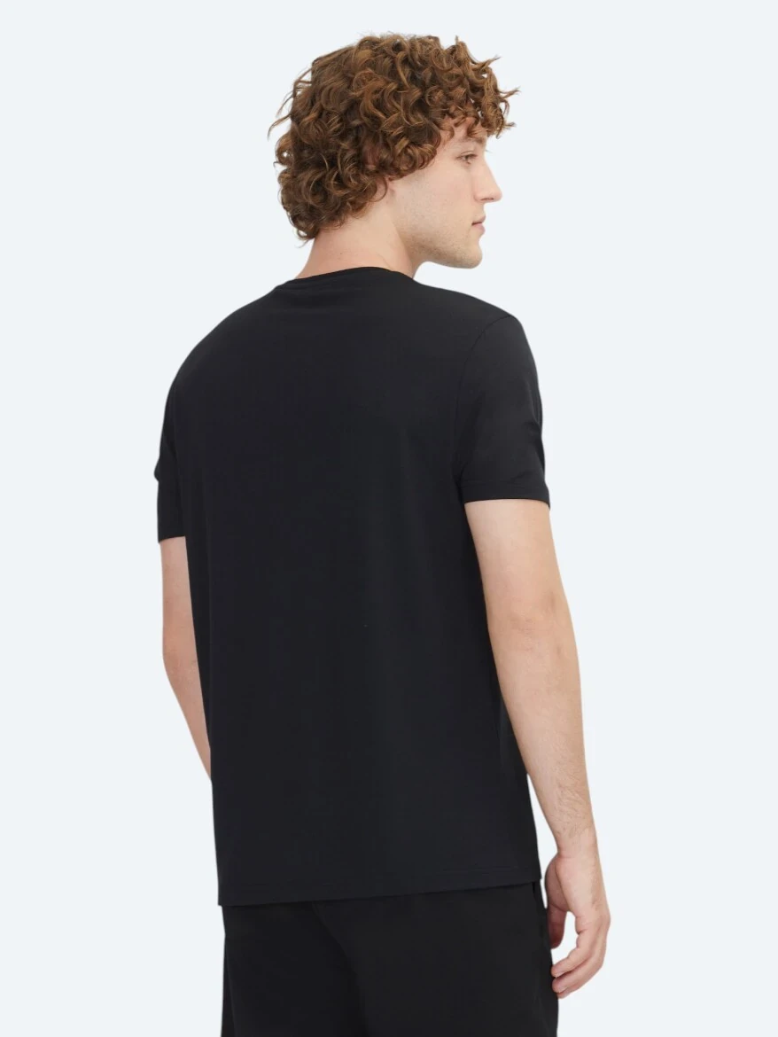 Siyah Düz Bisiklet Yaka Pamuk Karışımlı T-Shirt - 5