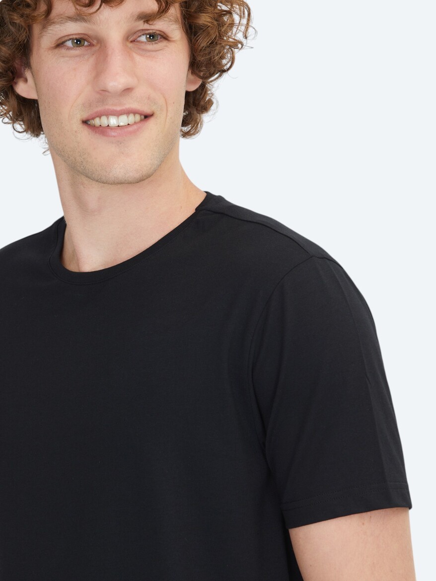 Siyah Düz Bisiklet Yaka Pamuk Karışımlı T-Shirt - 4