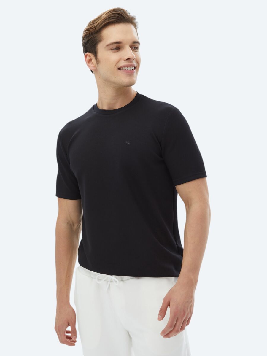 Siyah Düz Bisiklet Yaka T-Shirt - 5