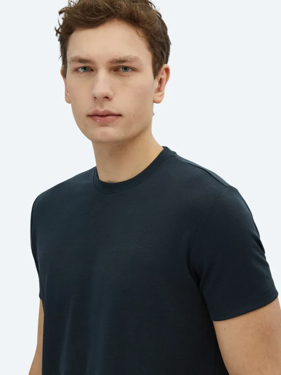 Siyah Düz Bisiklet Yaka T-Shirt - 3