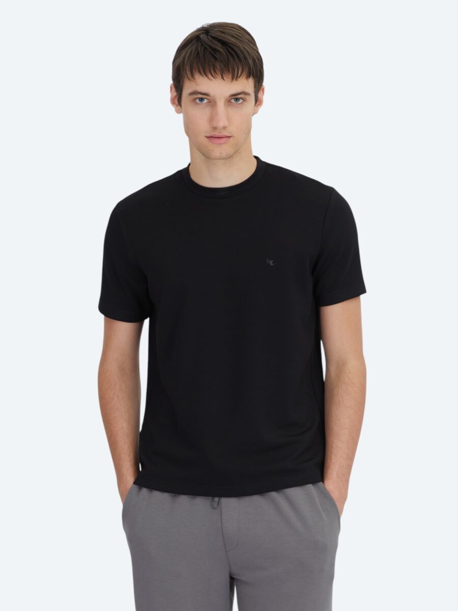 Siyah Düz Bisiklet Yaka T-Shirt - 1