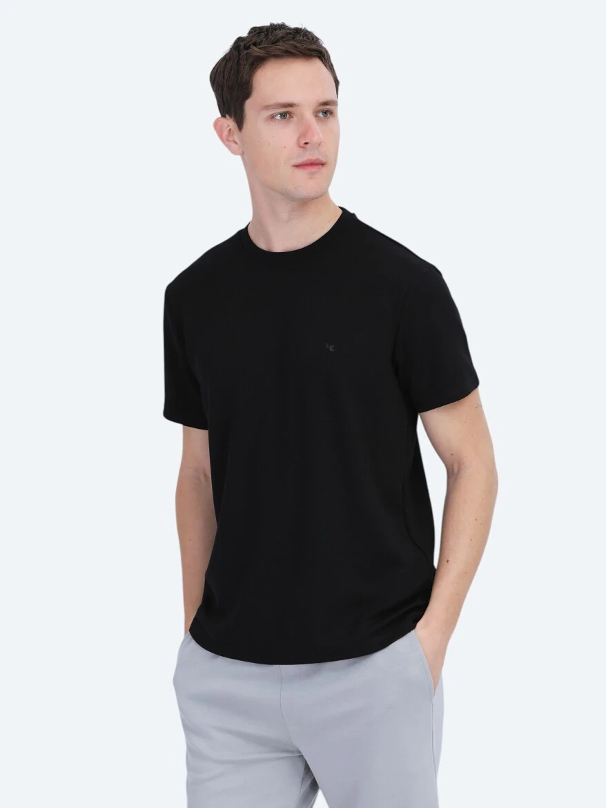 Siyah Düz Bisiklet Yaka T-Shirt - 1
