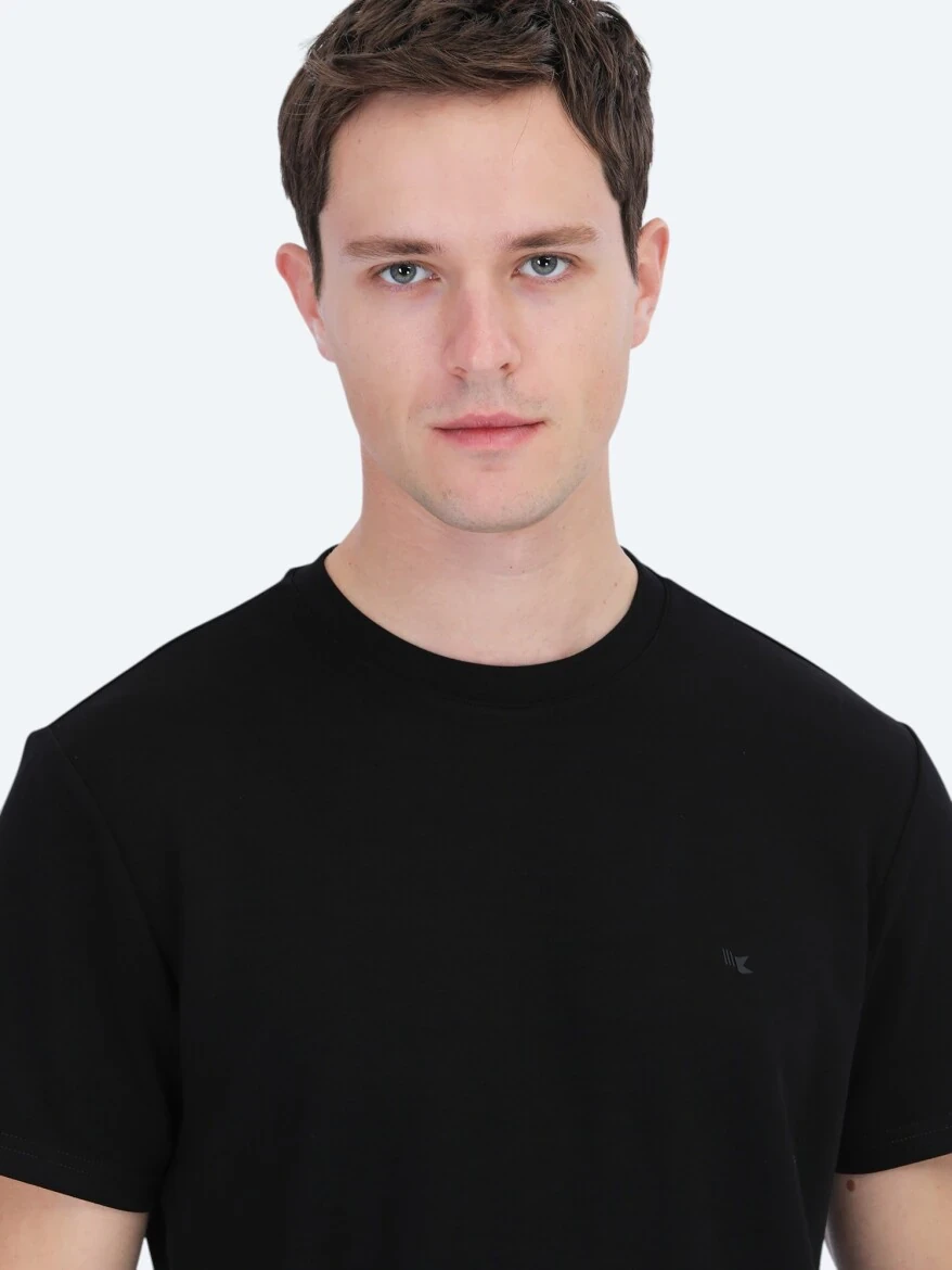 Siyah Düz Bisiklet Yaka T-Shirt - 4