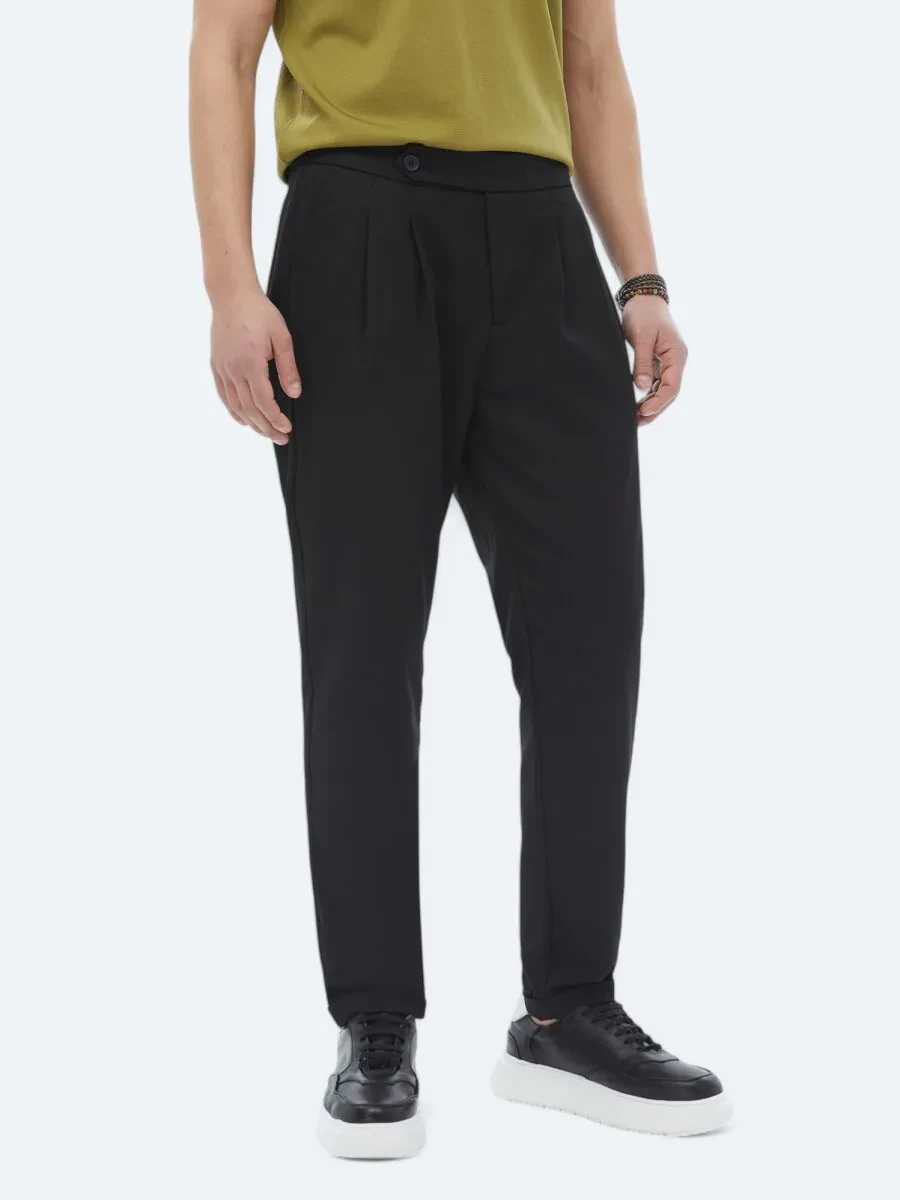 Siyah Düz Dokuma Carrot Fit Smart Casual Pantolon - 2
