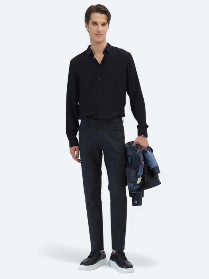 Siyah Düz Dokuma Fitted Fit Casual Pamuk Karışımlı Pantolon - 1