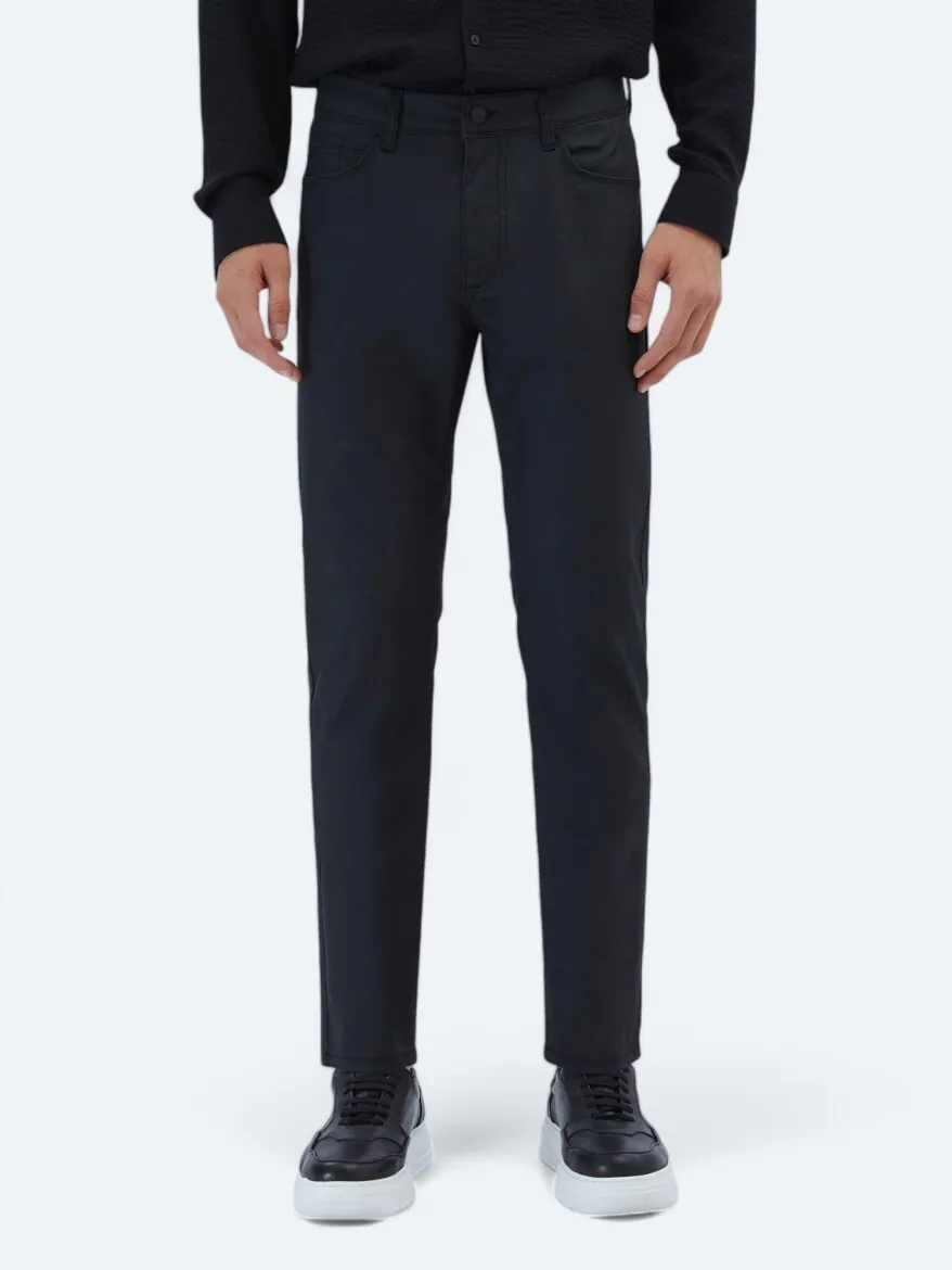 Siyah Düz Dokuma Fitted Fit Casual Pamuk Karışımlı Pantolon 