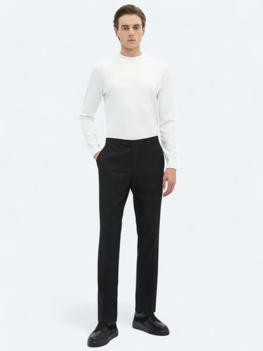 Siyah Düz Dokuma Fitted Fit Klasik Pantolon - 1