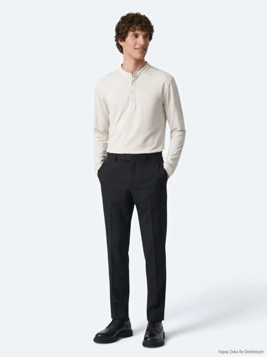 Siyah Düz Dokuma Fitted Fit Klasik Pantolon - 3