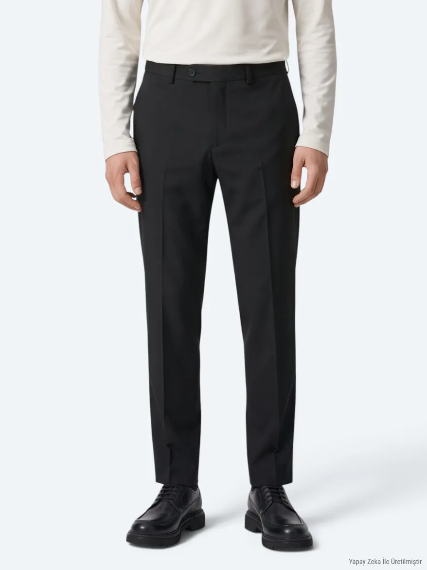 Siyah Düz Dokuma Fitted Fit Klasik Pantolon - 4