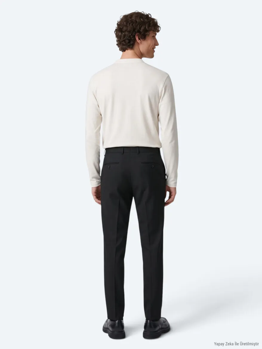 Siyah Düz Dokuma Fitted Fit Klasik Pantolon - 6